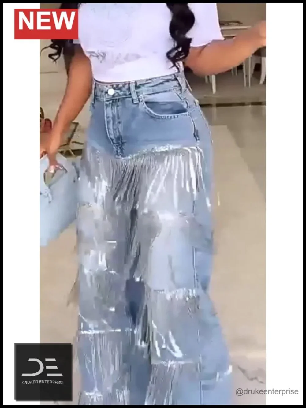 Women's High Waisted Sequin Fringe Jeans Baggy Straight Leg Sparkly Tassels